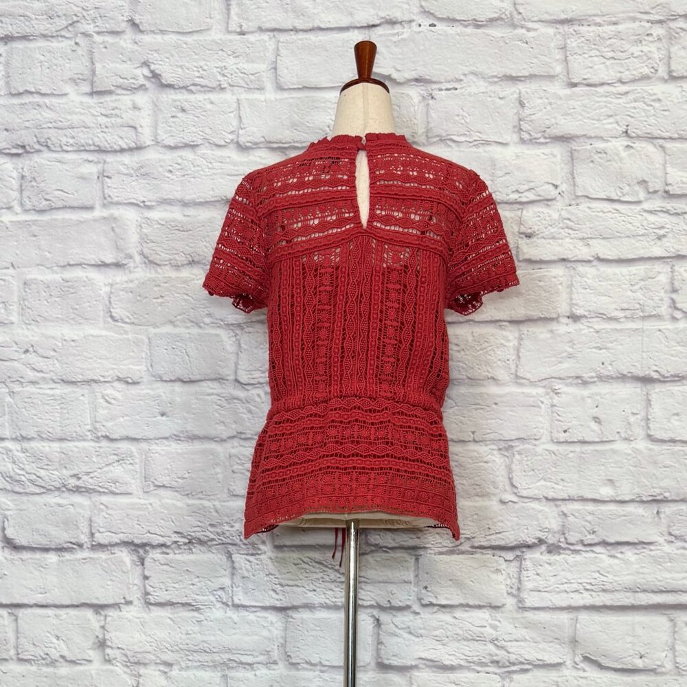 Carolina K Berenice Coral Red Cotton Crochet Peplum Top - Picture 2 of 9